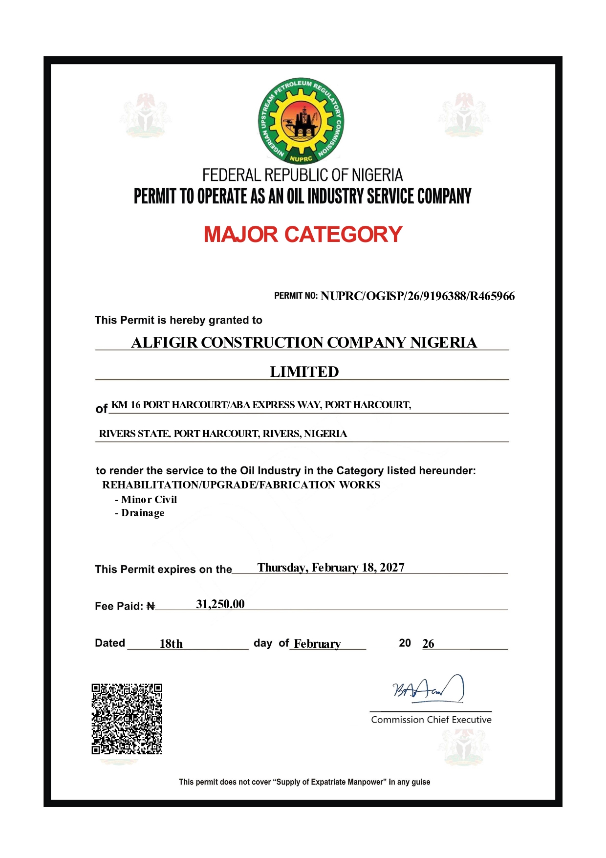 Permit to operate as an oil industry company (Major category)